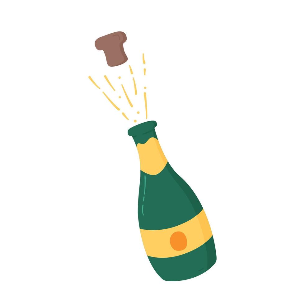 Champagne opening with splash in cartoon style. Champagne bottle isolated on white background. Vector illustration
