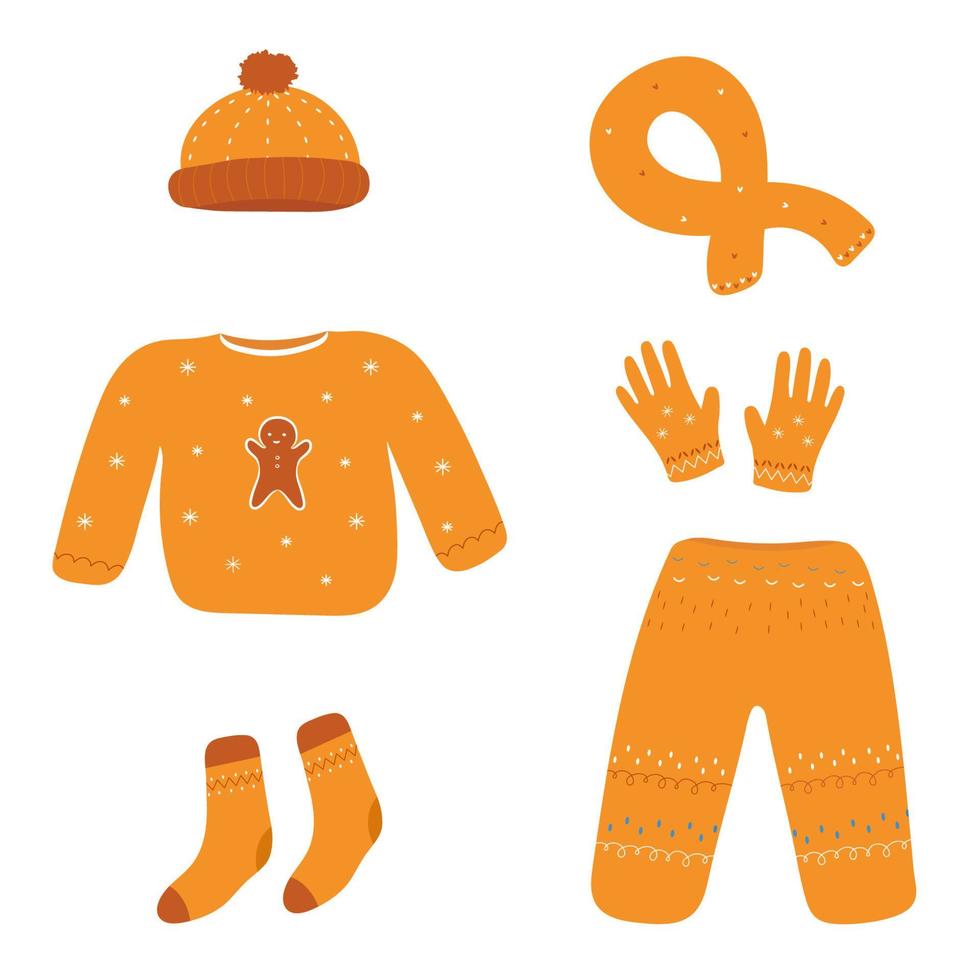 conjunto de linda ropa de invierno. colorida colección de ropa de invierno al estilo de las caricaturas. suéter, pantalones, gorro, guantes, bufanda y calcetines. ilustración vectorial vector