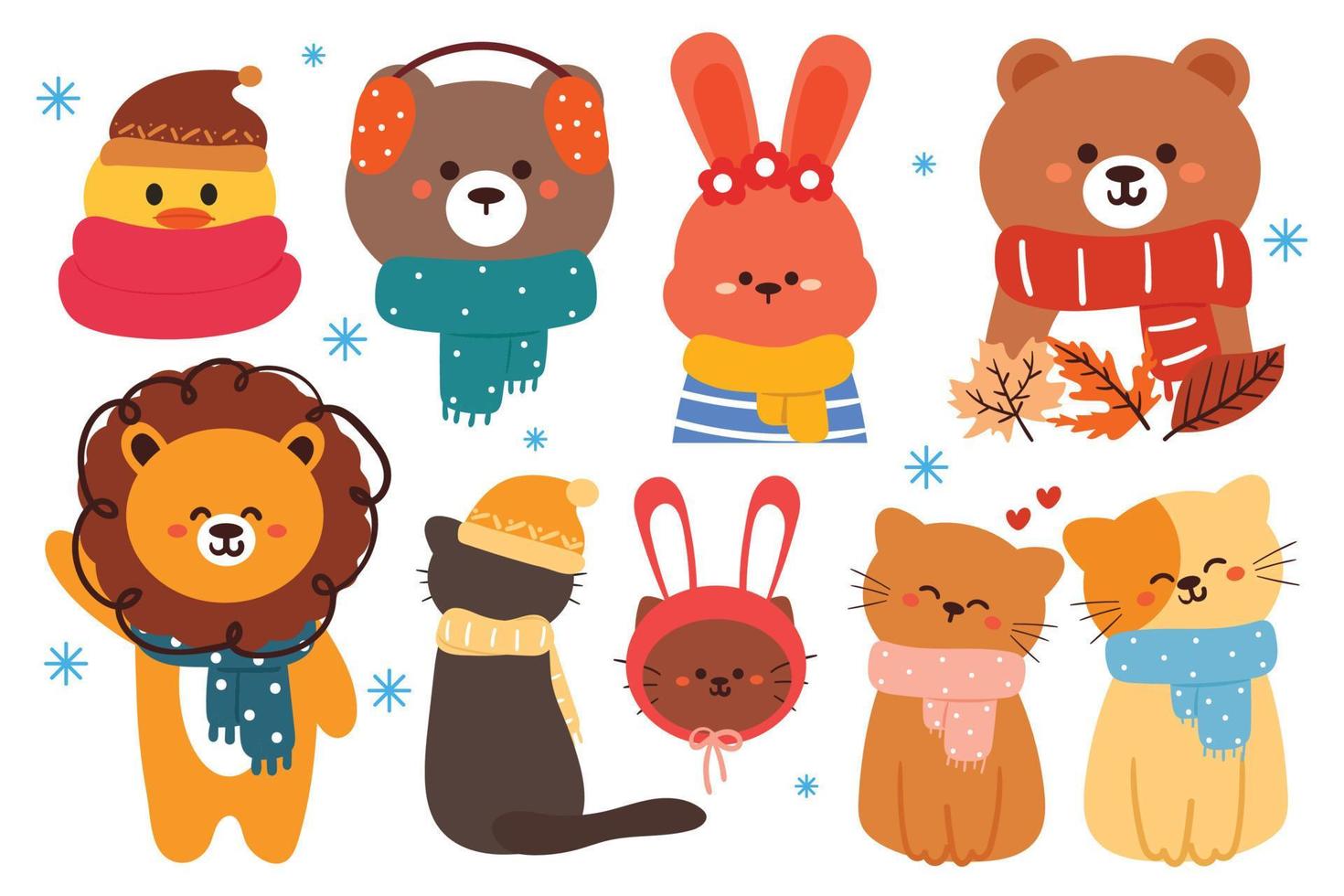 cute animals wearing scarf in winter day sticker set vector