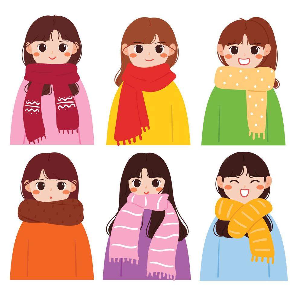 linda chica de dibujos animados con bufanda en el día de invierno vector