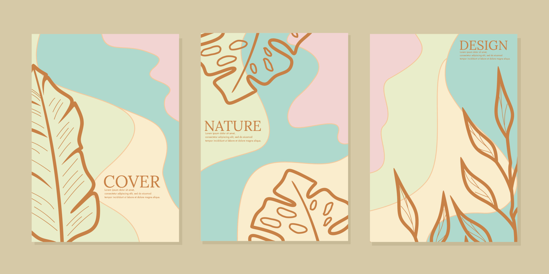 abstract botanical line art book cover design set. pastel color background. A4 size for school