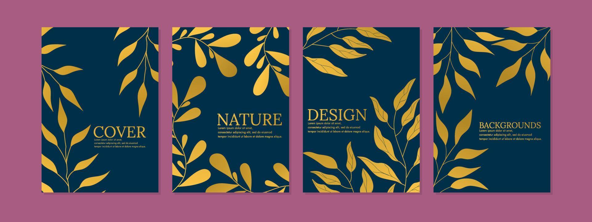 elegant botanical cover design set. navy blue and gold color background. A4 size for notebooks, journals, magazines, annual reports, invitations vector