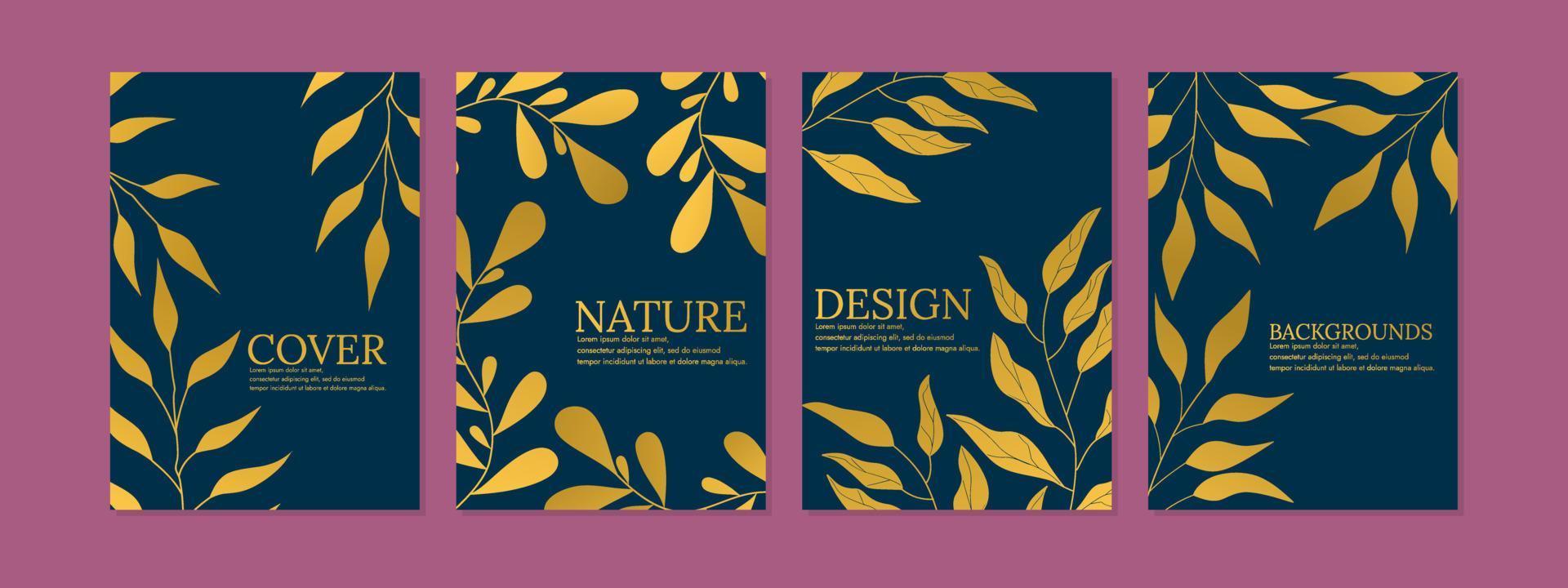 elegante conjunto de diseño de portada botánica. fondo de color azul marino y dorado. tamaño a4 para cuadernos, diarios, revistas, informes anuales, invitaciones vector