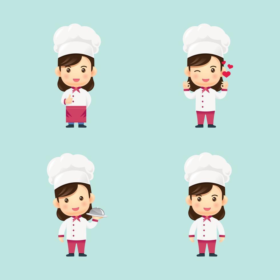 Chef kids girl Confident woman Cooking children set. sign vector illustration