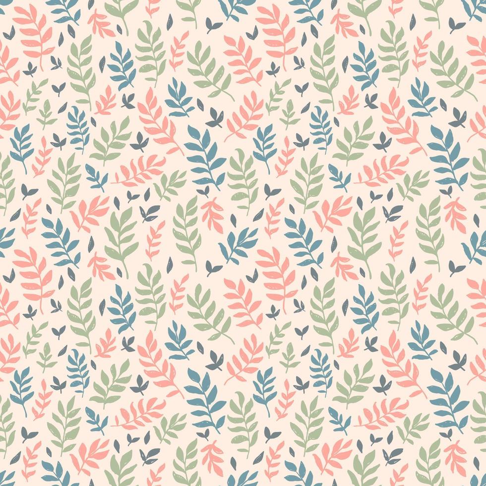 Linocut vector  leaves on pink background. Seamless vector leaves linocut grunge pattern. Linocut vector seamless print. Great for label, print, packaging, fabric.