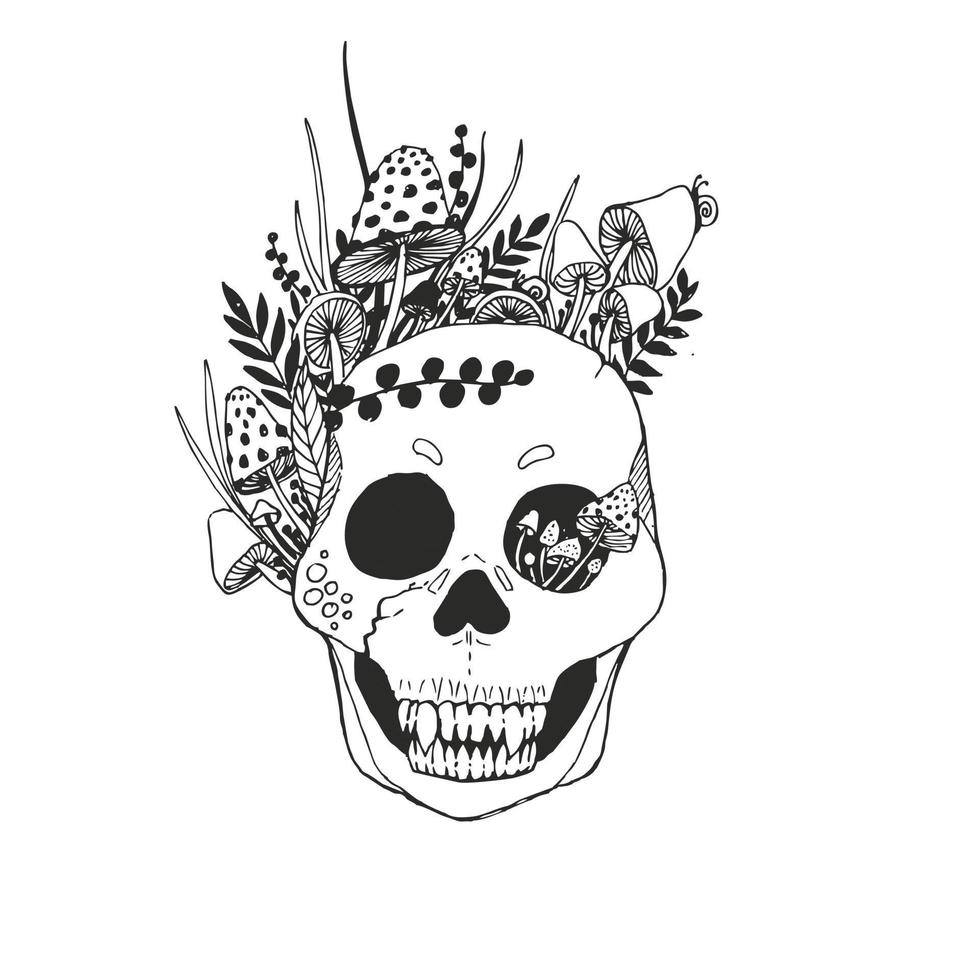 Skull, toadstools, flowers and herbs vector outline illustration for wallpaper, pattern fills, web page background, surface textures. Vector illustration.