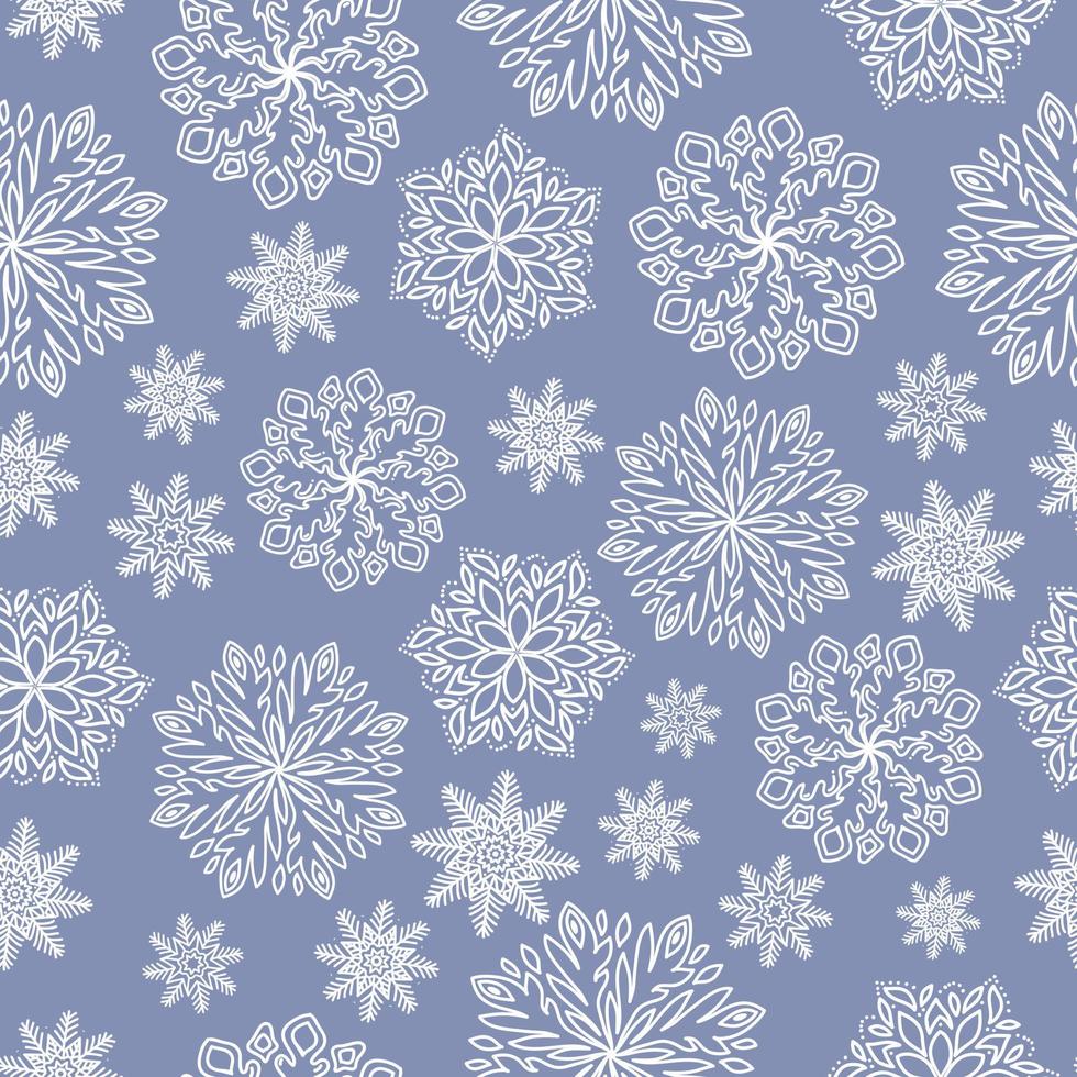 White snowflakes on blue background seamless holiday vector pattern. Snow festive seamless pattern for textile prints, cards, design