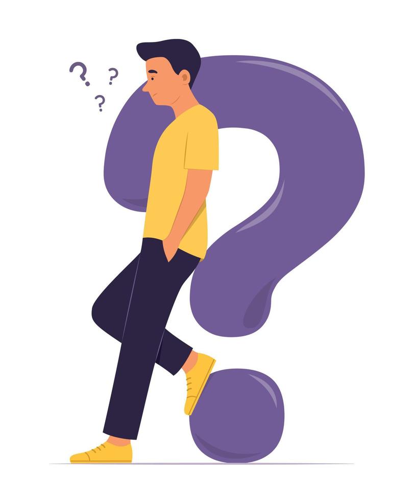 Man Leaning Against Big Question Mark and Thinking Concept Illustration vector