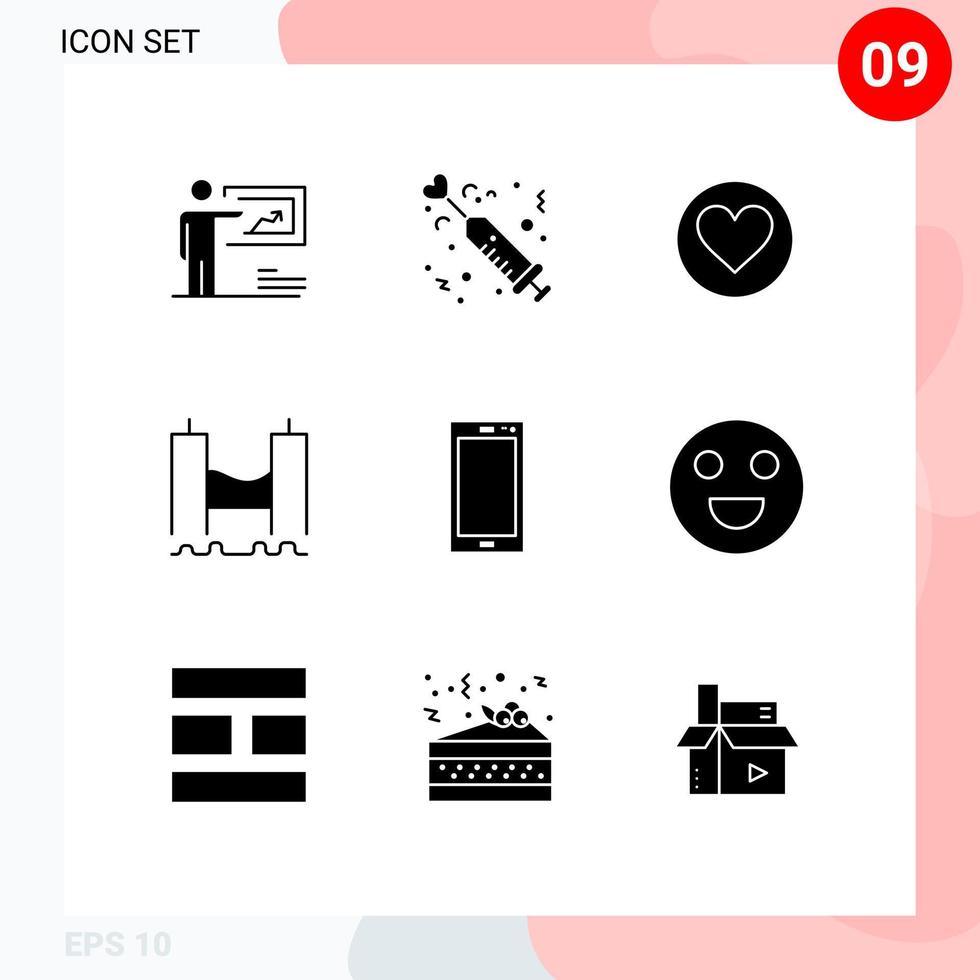 Modern Set of 9 Solid Glyphs and symbols such as industrial cross love bridge favorite Editable Vector Design Elements