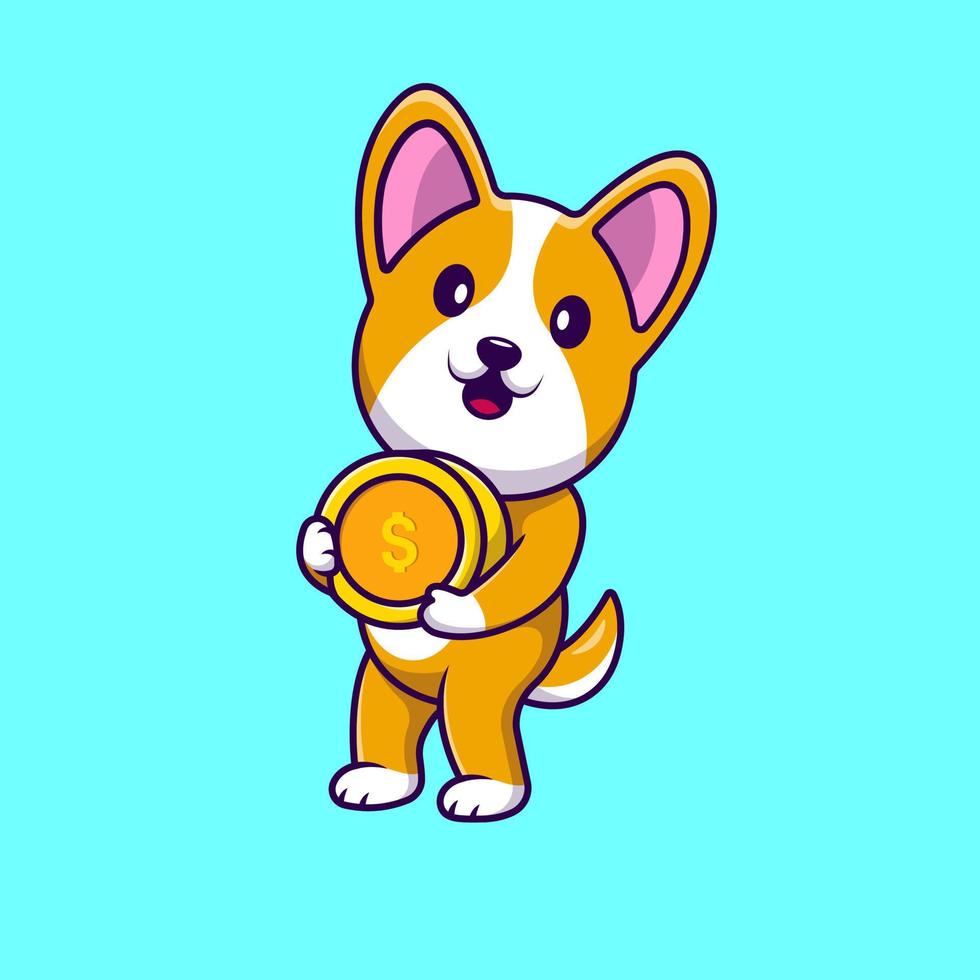 Cute Corgi Dog Holding Gold Coin Cartoon Vector Icons Illustration. Flat Cartoon Concept. Suitable for any creative project.