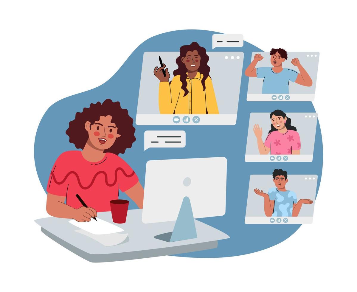 Virtual remote work. Windows with office colleagues. Online remote video conference call. Video conference. Vector illustration is flat isolated on a white background.