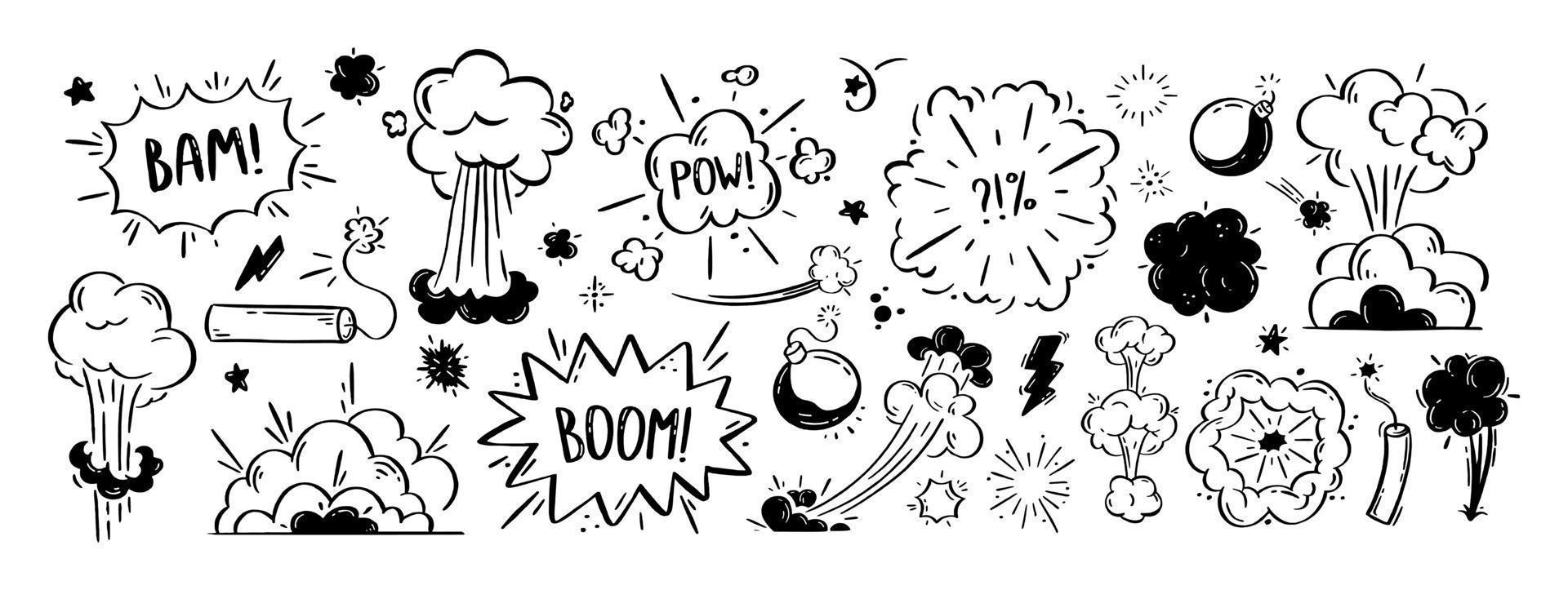 Comic explosions and bombs set. Speech bubbles with the words bom, boom, pow. Vector doodle illustration