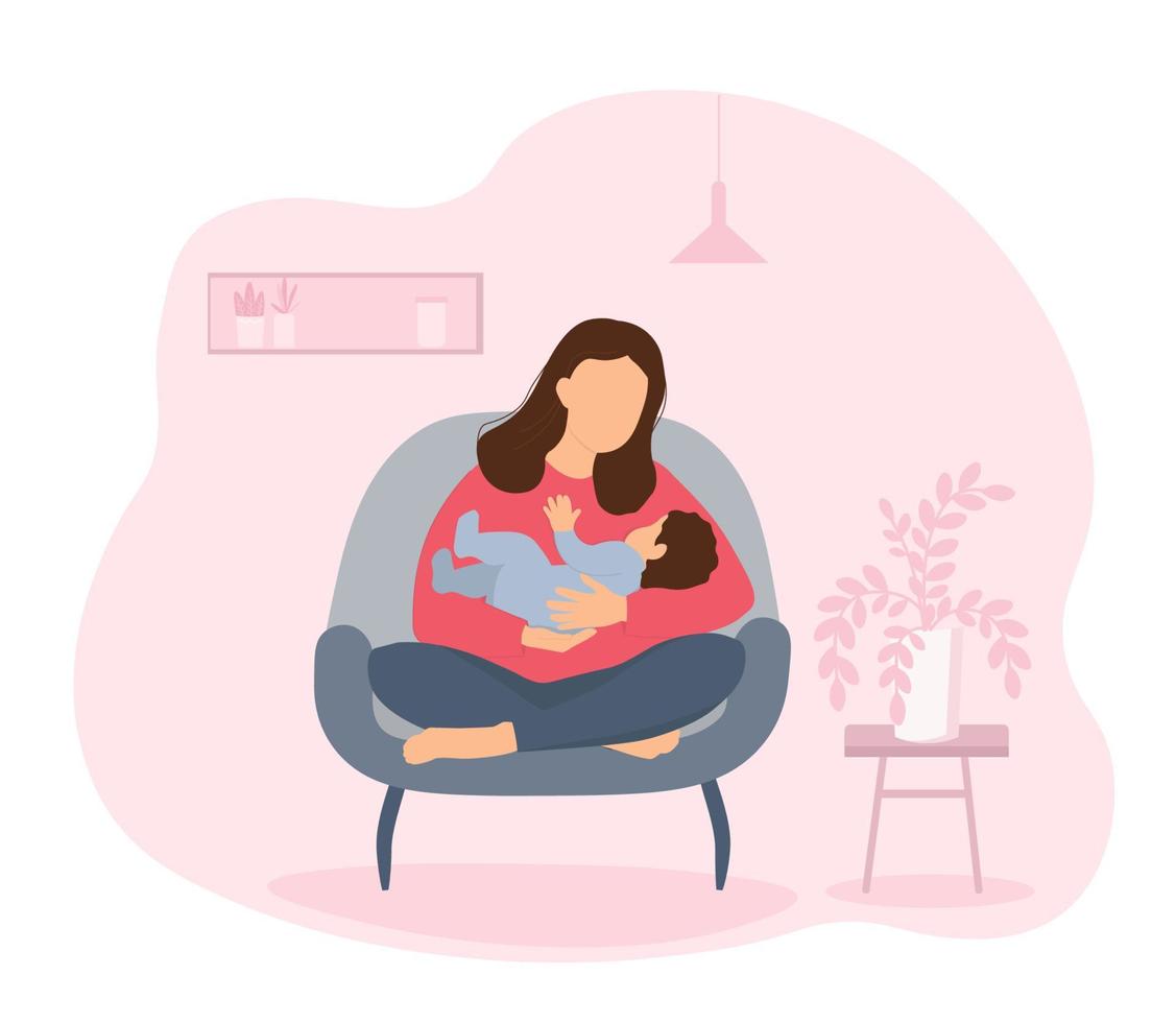 A woman sits in the lotus position, legs crossed, and holds, cradles the baby. Mother and newborn together in a room in the interior. Vector graphics.