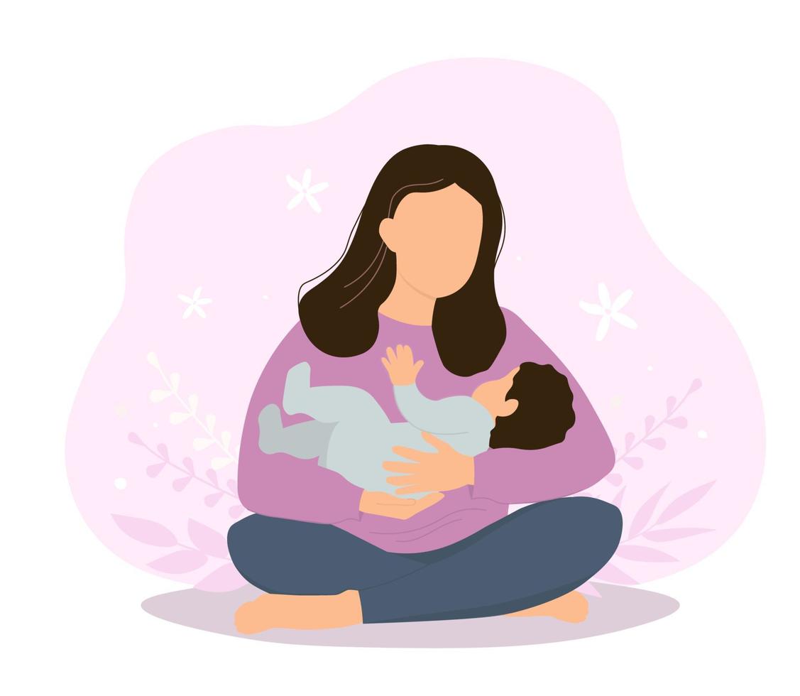 A woman sits in the lotus position, legs crossed, and holds, cradles a baby. Mother and newborn together. Vector graphics.