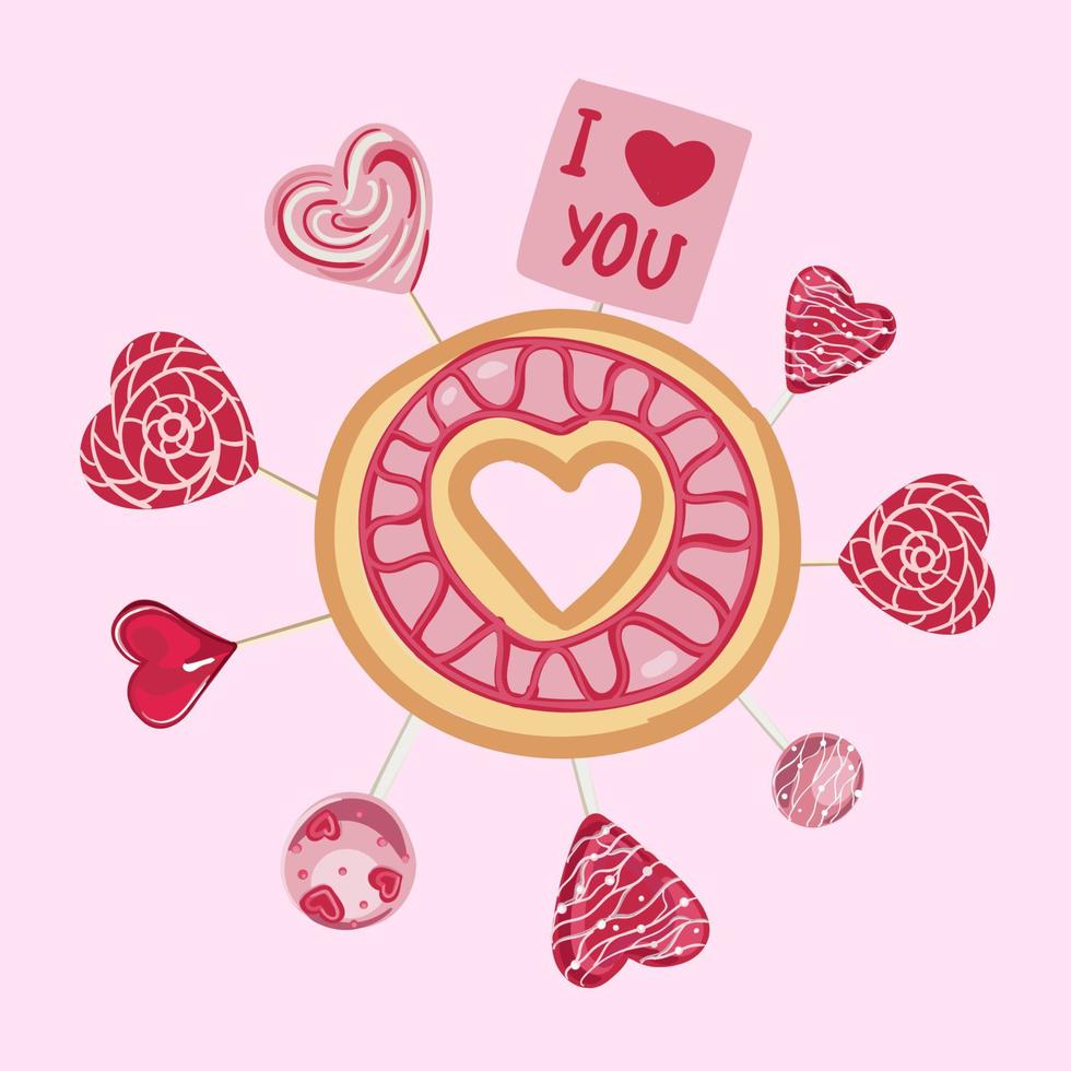 elemento decorativo del día de san valentín. galletas con dulces en forma de corazón. objetos decorativos para el día de la madre, día de los enamorados, día de la mujer y san valentín. estilo de dibujos animados, ilustración vectorial. vector