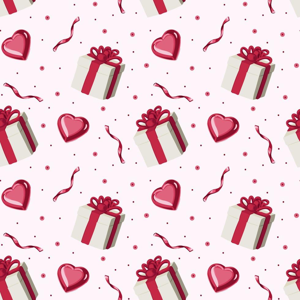 Valentine s Day is a seamless pattern with gifts and hearts. Pattern for Wrapping paper, postcards, textiles, wallpapers, fabrics, etc. Cartoon style, vector illustration.