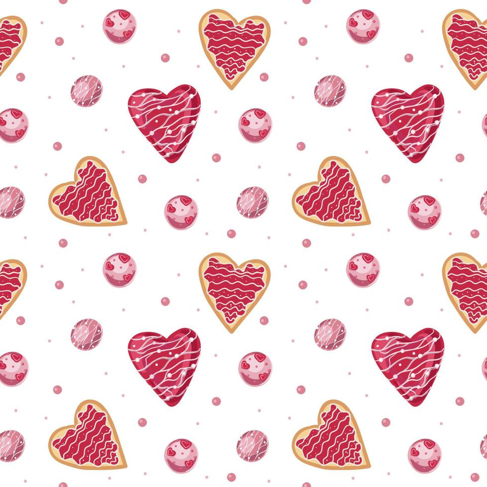 Heart shaped cookies seamless pattern for valentine s day. Pattern for Wrapping paper, postcards, textiles, wallpapers, fabrics, etc. Cartoon style, vector illustration.