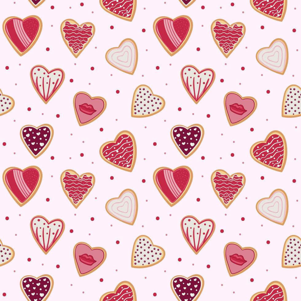 Heart shaped cookies seamless pattern for valentine s day. Pattern for Wrapping paper, postcards, textiles, wallpapers, fabrics, etc. Cartoon style, vector illustration.