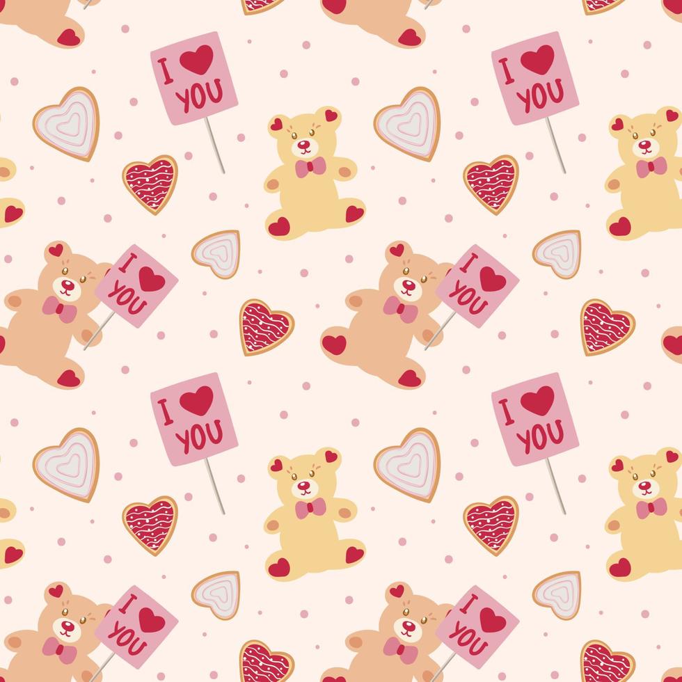 Valentine s Day seamless pattern. Cute bear with a sign and a heart-shaped cookie. Pattern for Wrapping paper, postcards, textiles, wallpapers, fabrics, etc. Cartoon style, vector illustration.