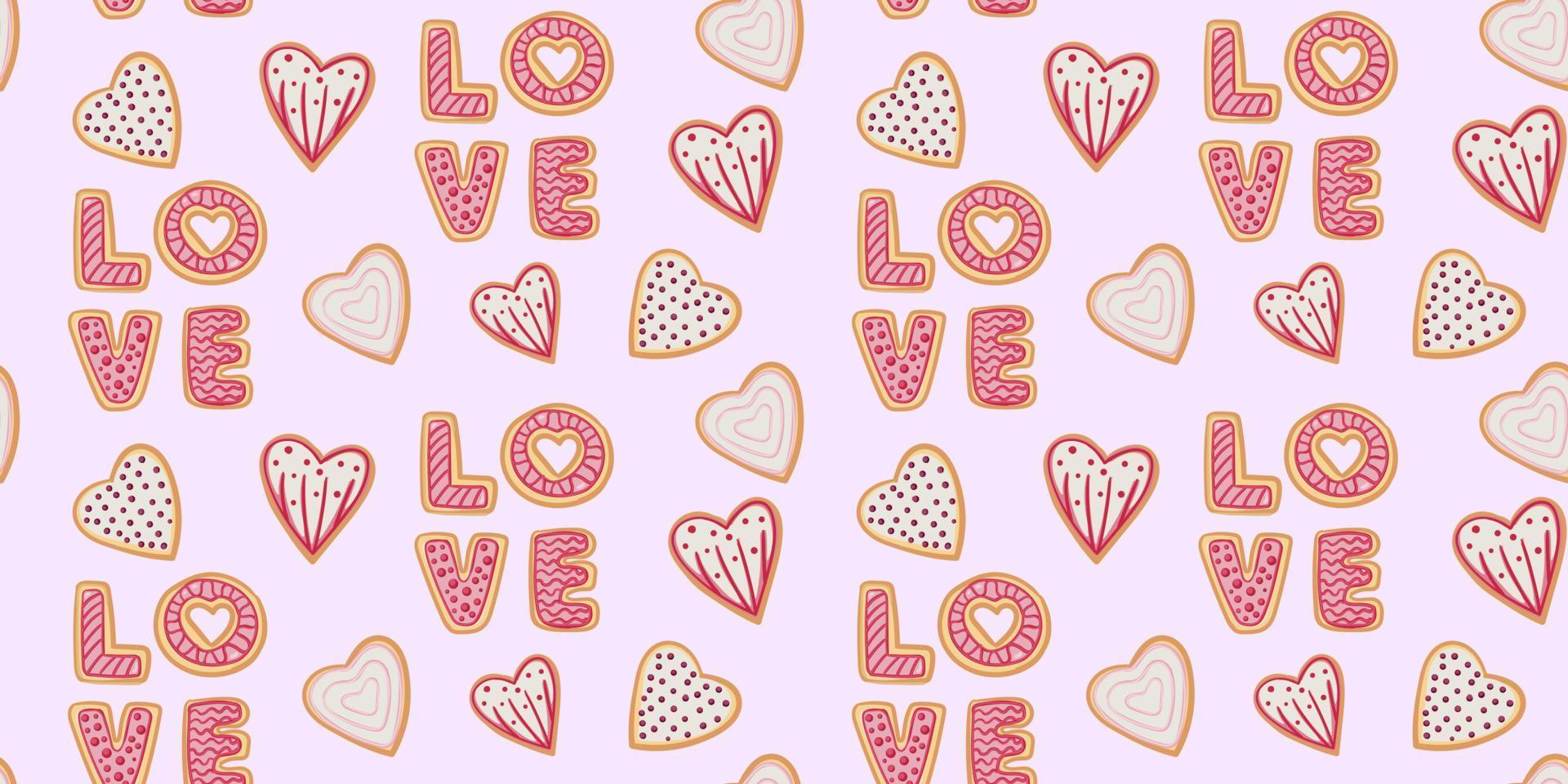 Heart shaped cookies seamless pattern for valentine s day. Pattern for Wrapping paper, postcards, textiles, wallpapers, fabrics, etc. Cartoon style, vector illustration.