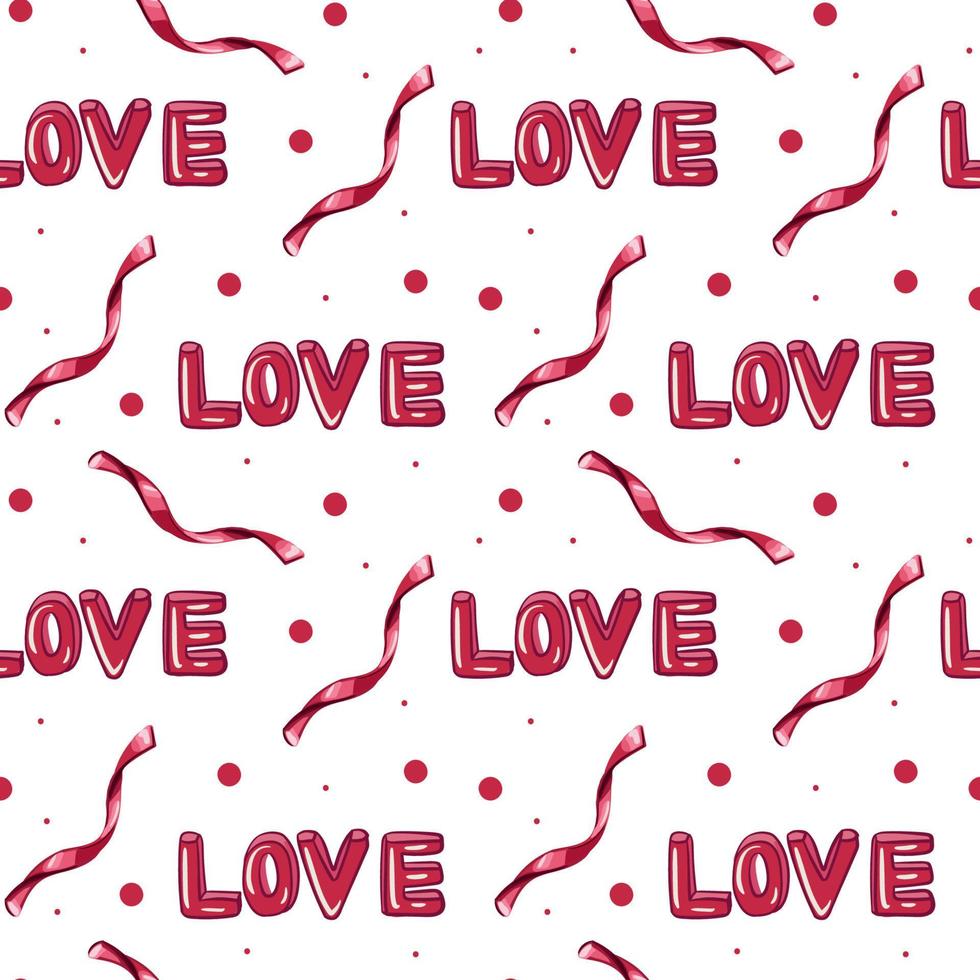 Inscription love with ribbons seamless pattern for Valentine s Day. Pattern for Wrapping paper, postcards, textiles, wallpapers, fabrics, etc. Cartoon style, vector illustration.