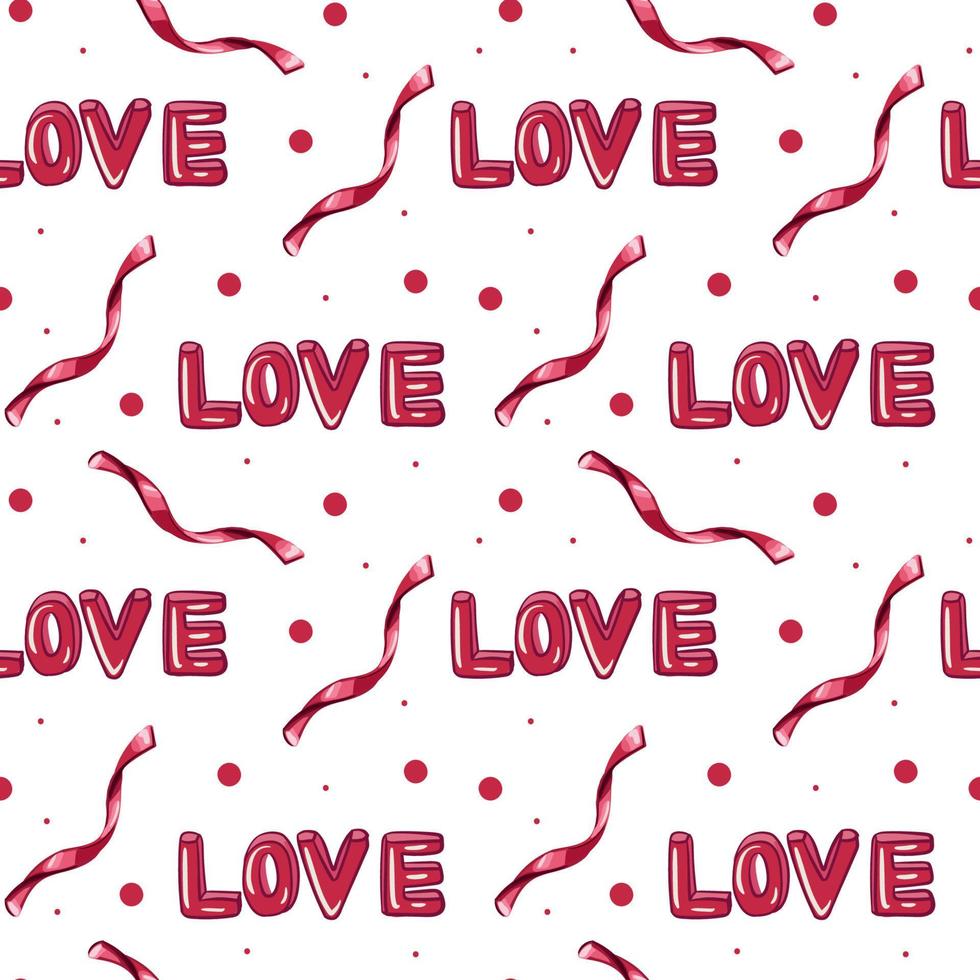 Inscription love with ribbons seamless pattern for Valentine s Day. Pattern for Wrapping paper, postcards, textiles, wallpapers, fabrics, etc. Cartoon style, vector illustration.