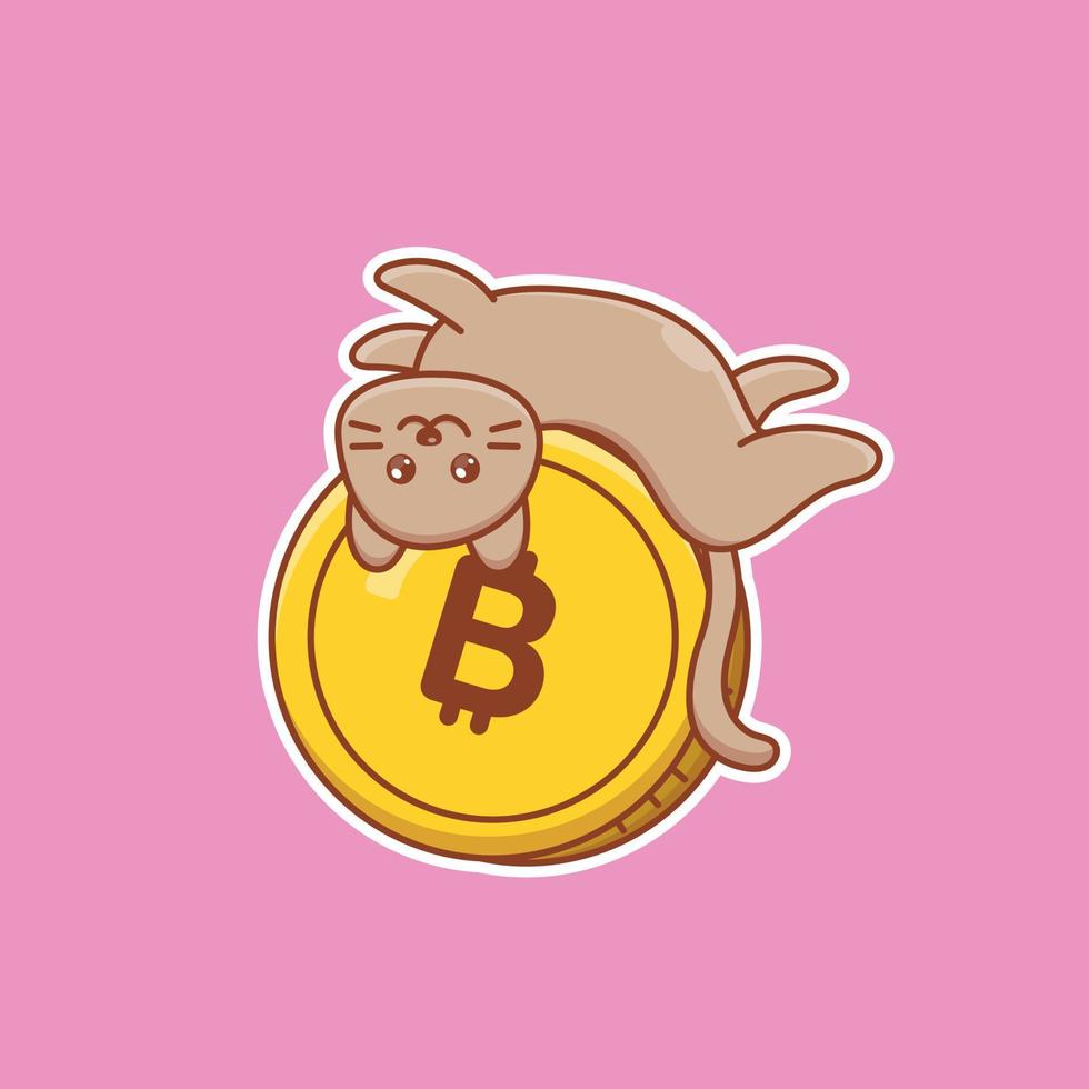 lindo gato de dibujos animados en moneda bitcoin en ilustración vectorial. vector aislado de animales. estilo de dibujos animados plana