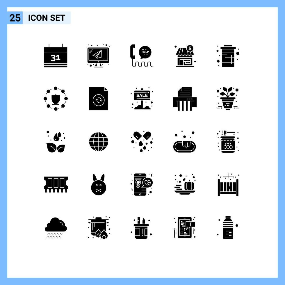 Mobile Interface Solid Glyph Set of 25 Pictograms of diet dollar center store shop Editable Vector Design Elements