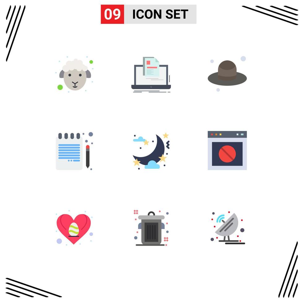 Flat Color Pack of 9 Universal Symbols of night notebook resume education back to school Editable Vector Design Elements