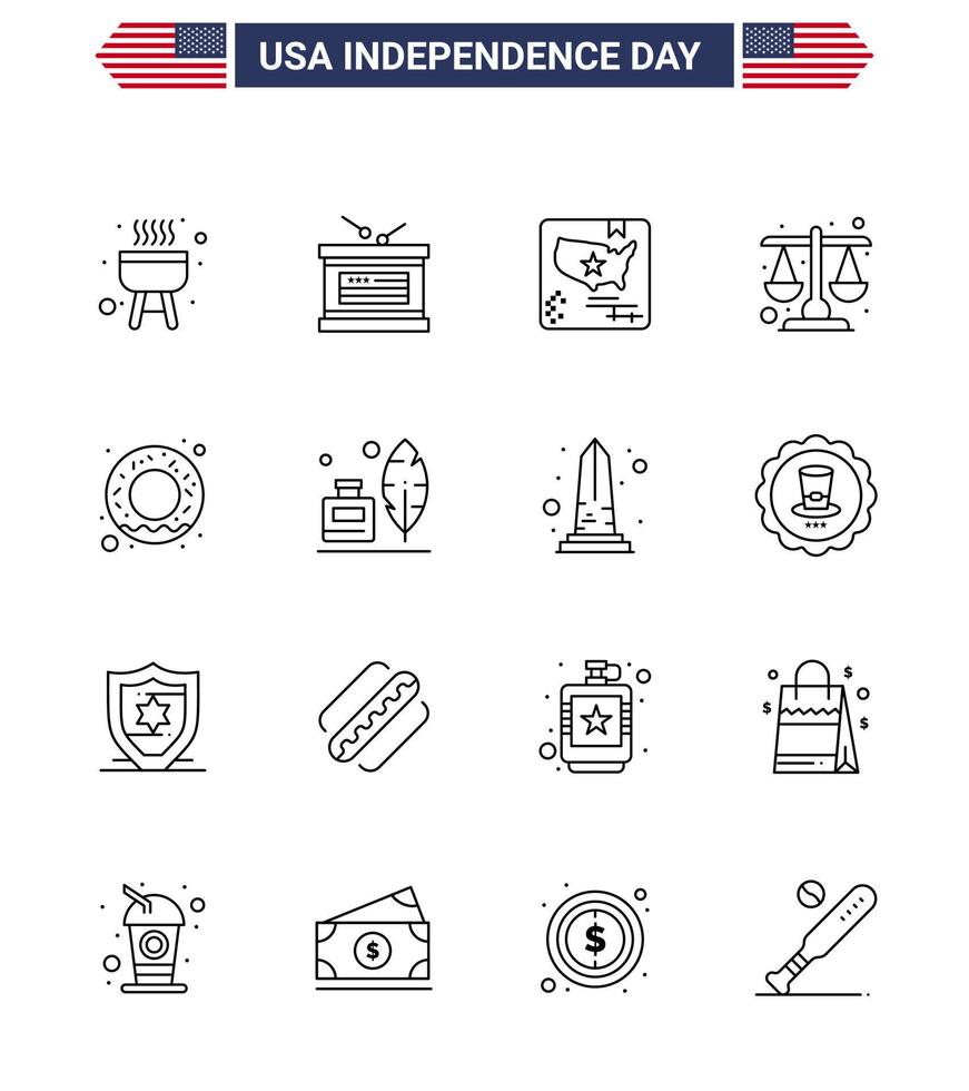 Pack of 16 creative USA Independence Day related Lines of nutrition donut flag scale justice Editable USA Day Vector Design Elements