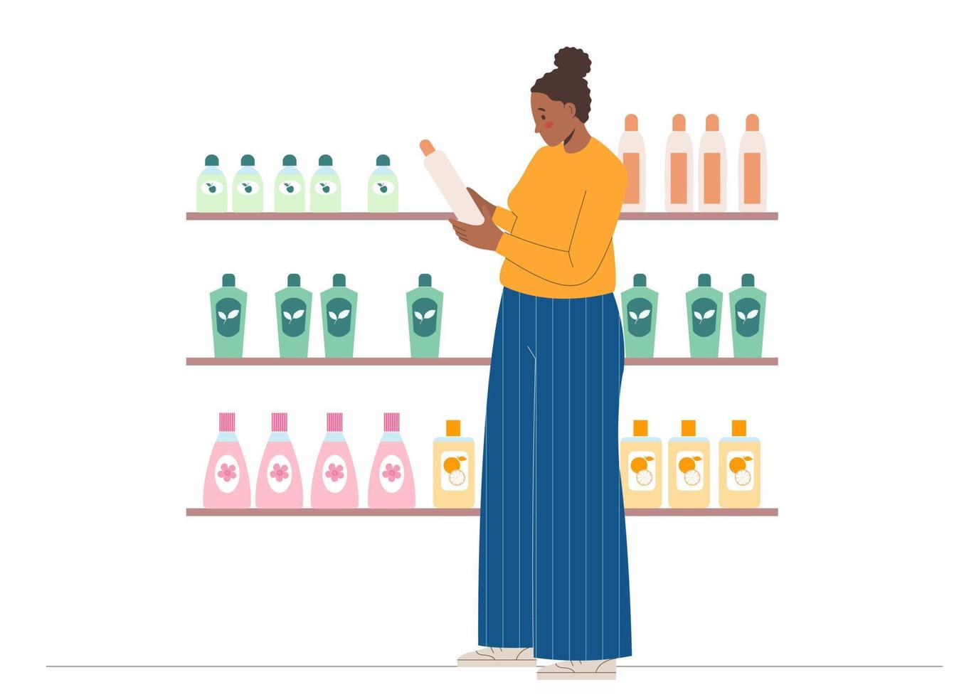 Young african american woman buying shampoo and detergent in the