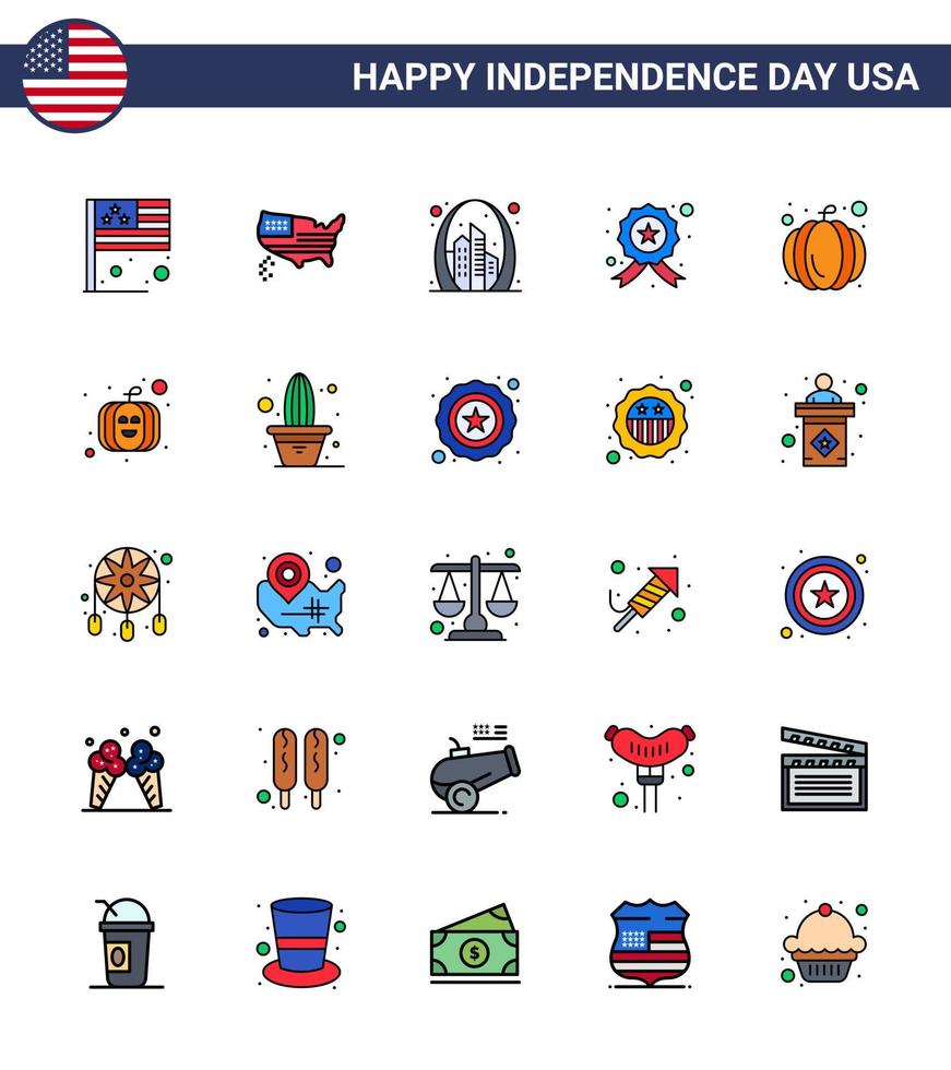 Set of 25 Vector Flat Filled Lines on 4th July USA Independence Day such as american star arch investigating usa Editable USA Day Vector Design Elements