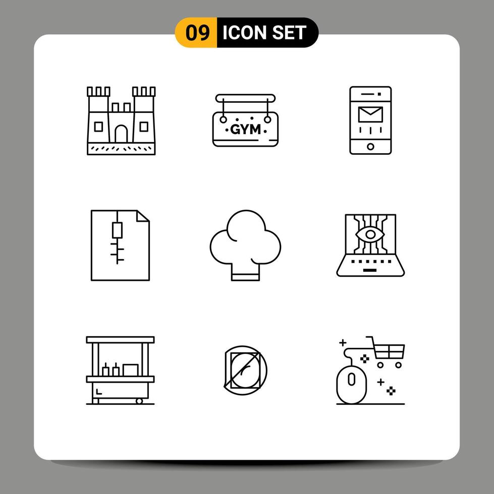 Group of 9 Modern Outlines Set for computer sciences hat mail food zip Editable Vector Design Elements