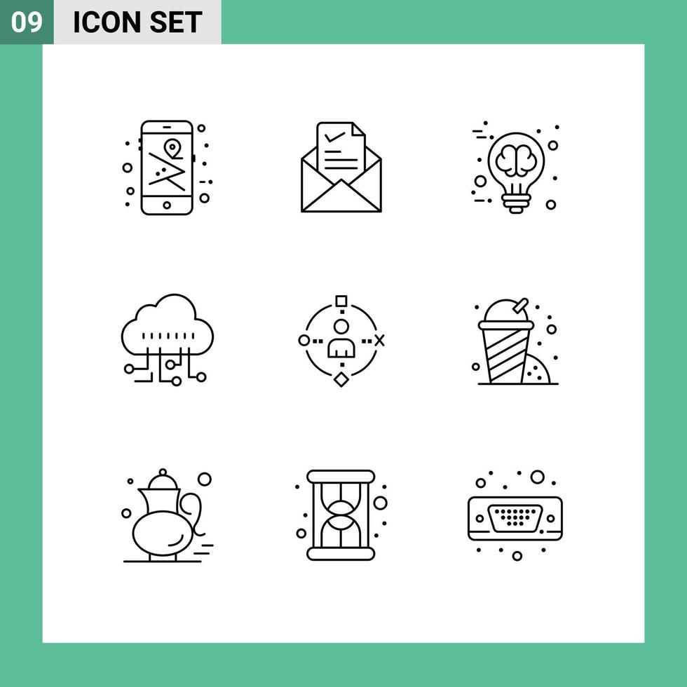 Set of 9 Commercial Outlines pack for user technology good manage brain storming Editable Vector Design Elements