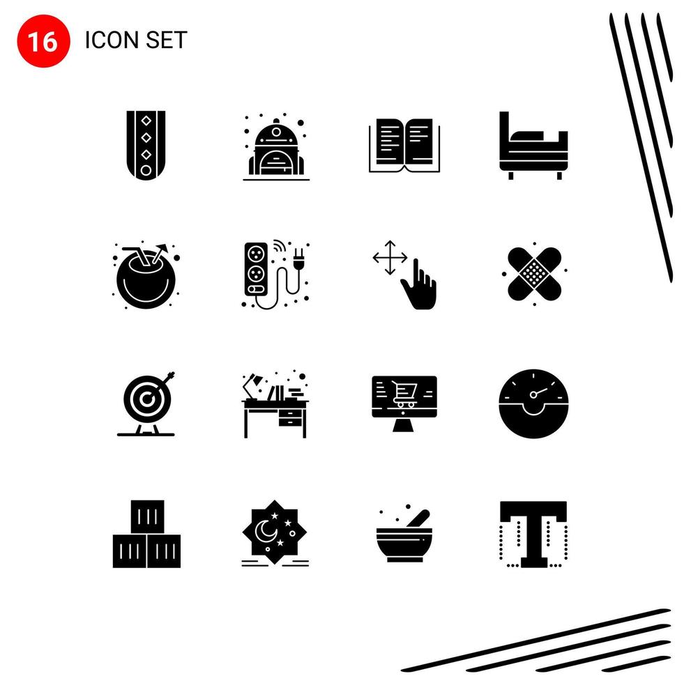 Pack of 16 creative Solid Glyphs of cable drink book coconut bed room Editable Vector Design Elements