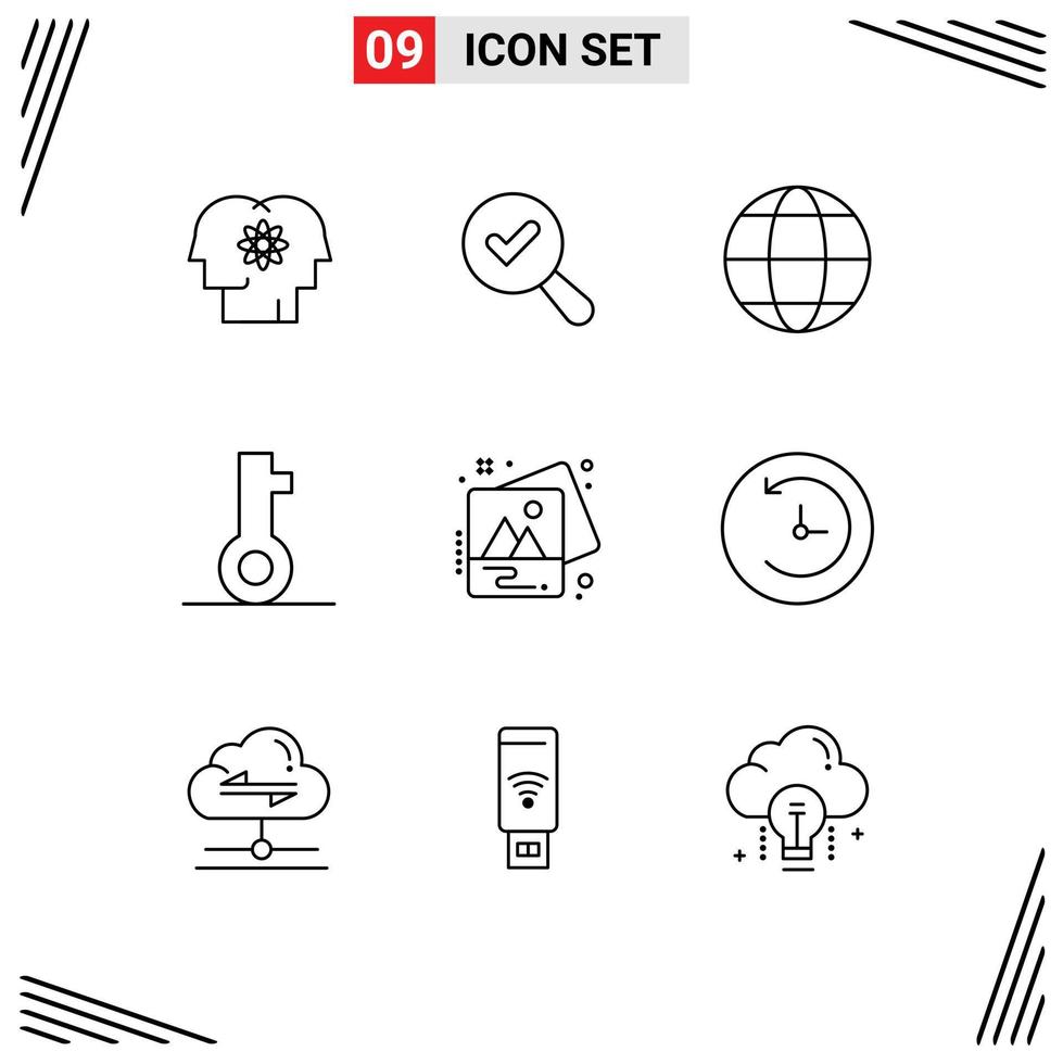 Group of 9 Outlines Signs and Symbols for photo security communication password key Editable Vector Design Elements