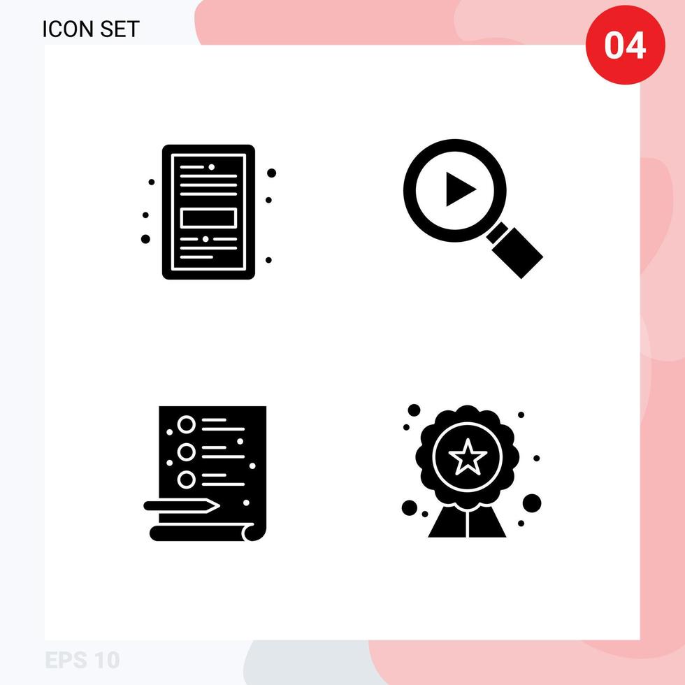 4 Universal Solid Glyphs Set for Web and Mobile Applications book process file search quality Editable Vector Design Elements