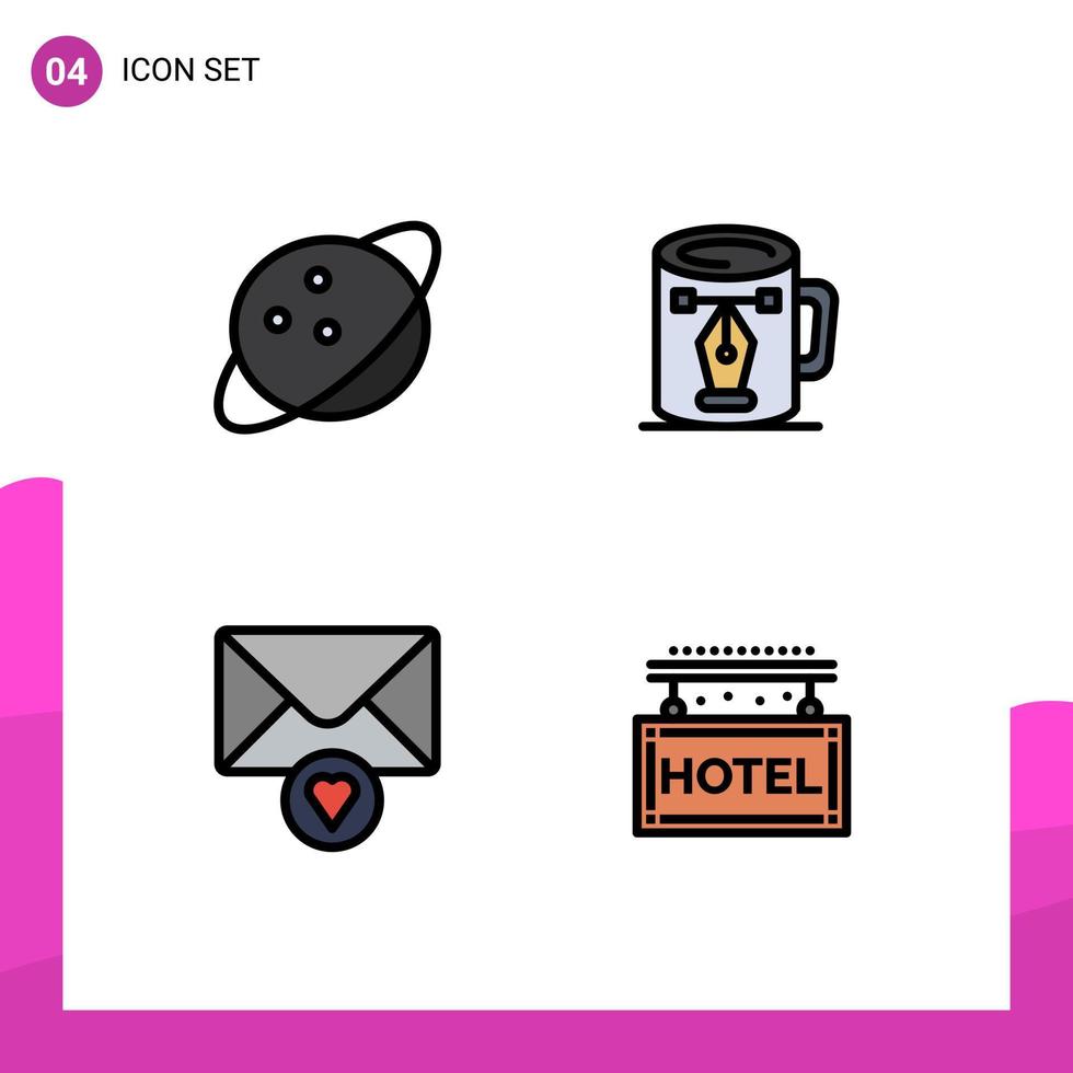 Pictogram Set of 4 Simple Filledline Flat Colors of planet message coffee design hotel Editable Vector Design Elements