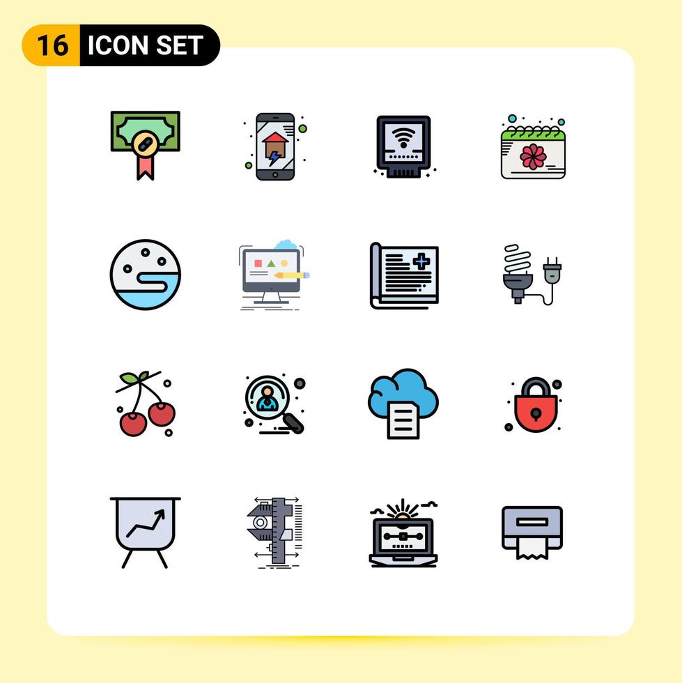 paquete de interfaz de usuario de 16 líneas básicas llenas de color plano de flor de luna casa inteligente fecha fontanería elementos de diseño de vectores creativos editables