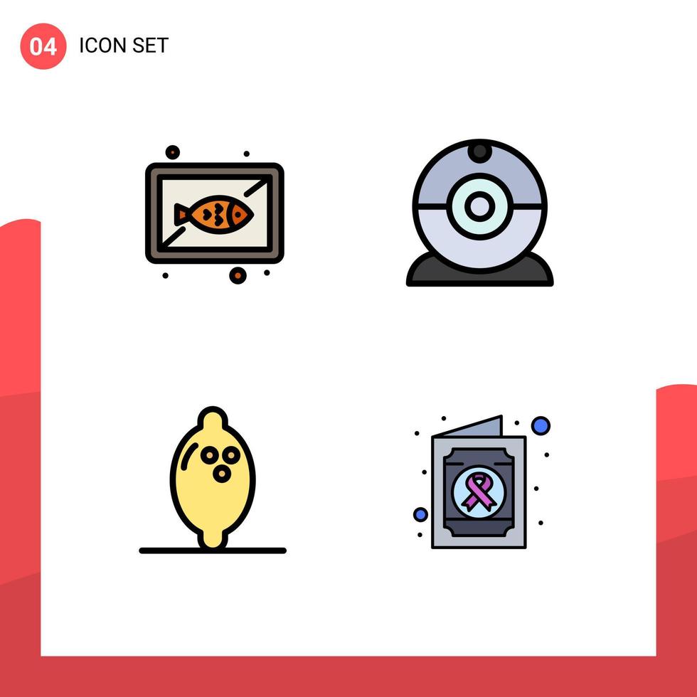 Pack of 4 creative Filledline Flat Colors of fish fruit dish camera health Editable Vector Design Elements