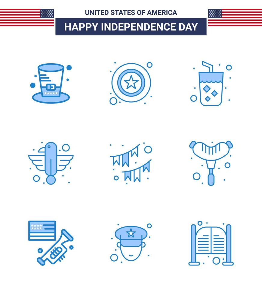 Group of 9 Blues Set for Independence day of United States of America such as american eagle alcohol bird american Editable USA Day Vector Design Elements