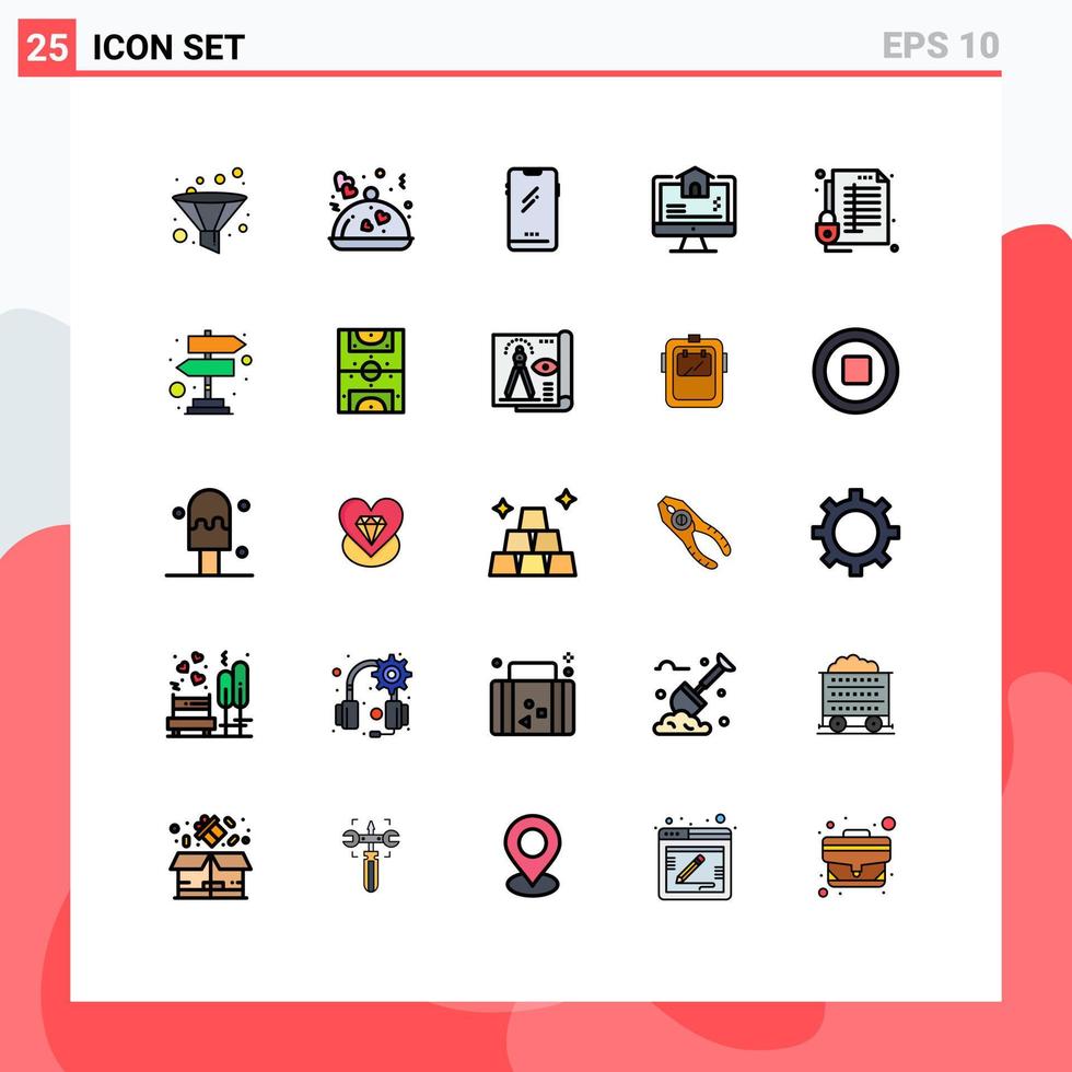 grupo de 25 colores planos de líneas llenas modernas establecidos para proteger elementos de diseño de vectores editables de la computadora del estado del teléfono inteligente en el hogar