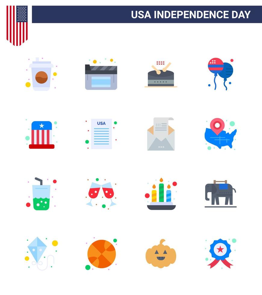 Pack of 16 creative USA Independence Day related Flats of kids circus instrument american bloons Editable USA Day Vector Design Elements