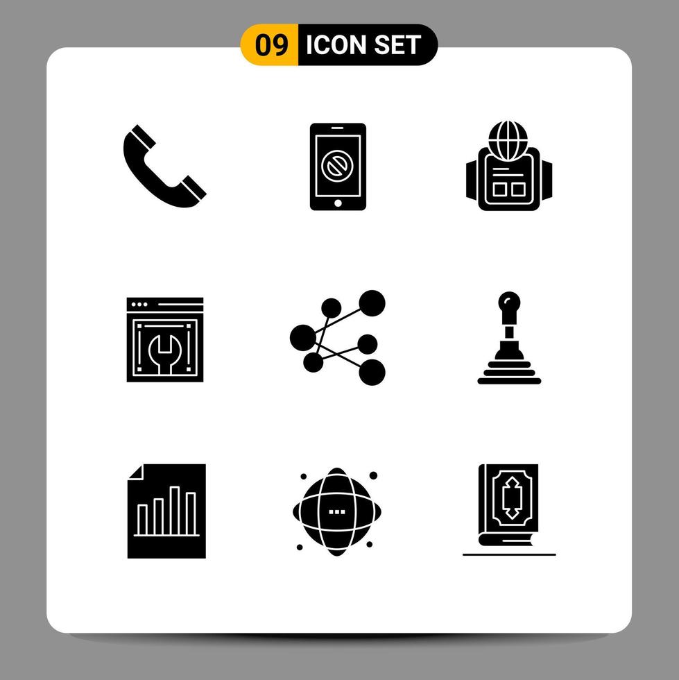 Set of 9 Vector Solid Glyphs on Grid for share export technology web maintenance web configuration Editable Vector Design Elements