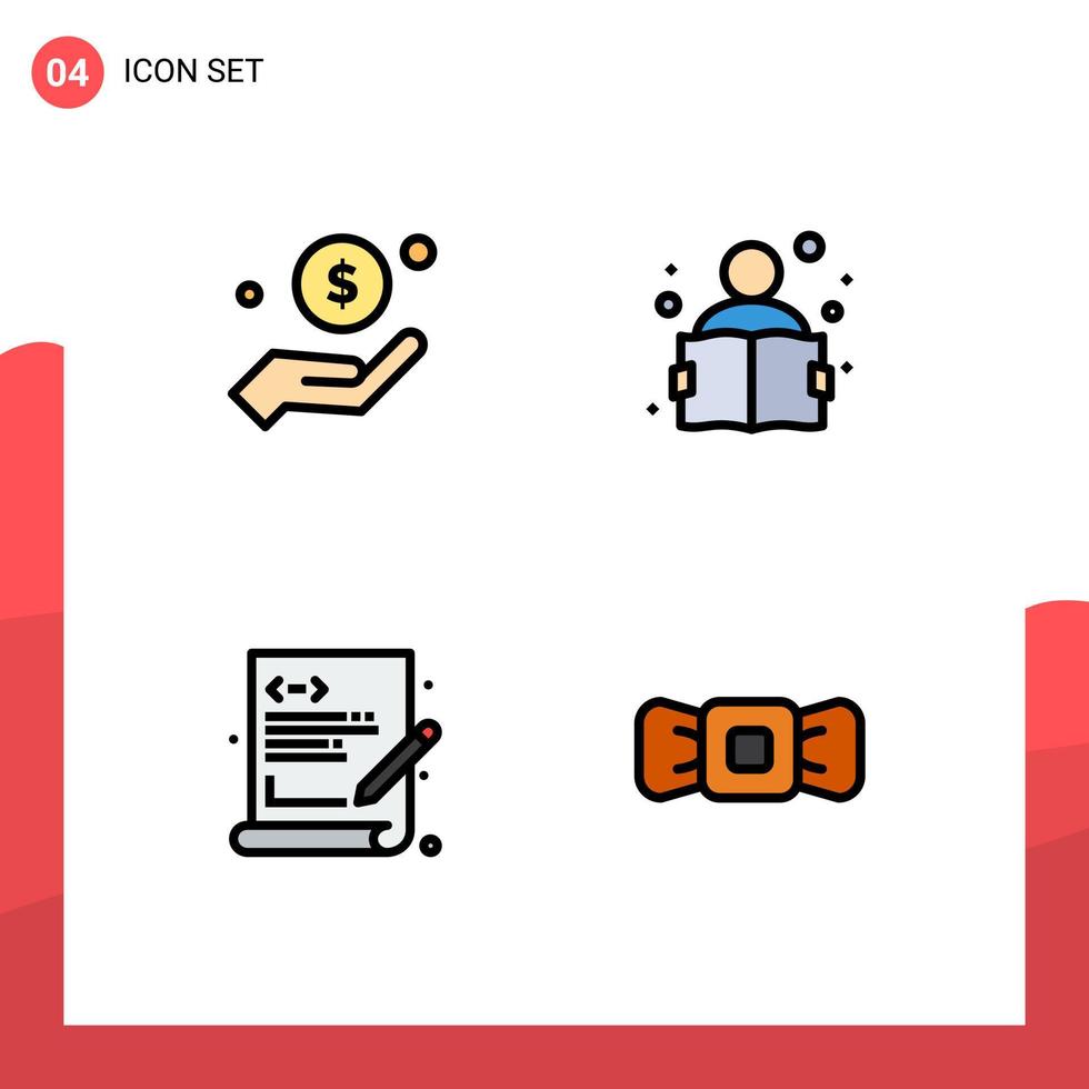 Filledline Flat Color Pack of 4 Universal Symbols of dollar coding charity knowledge programming Editable Vector Design Elements