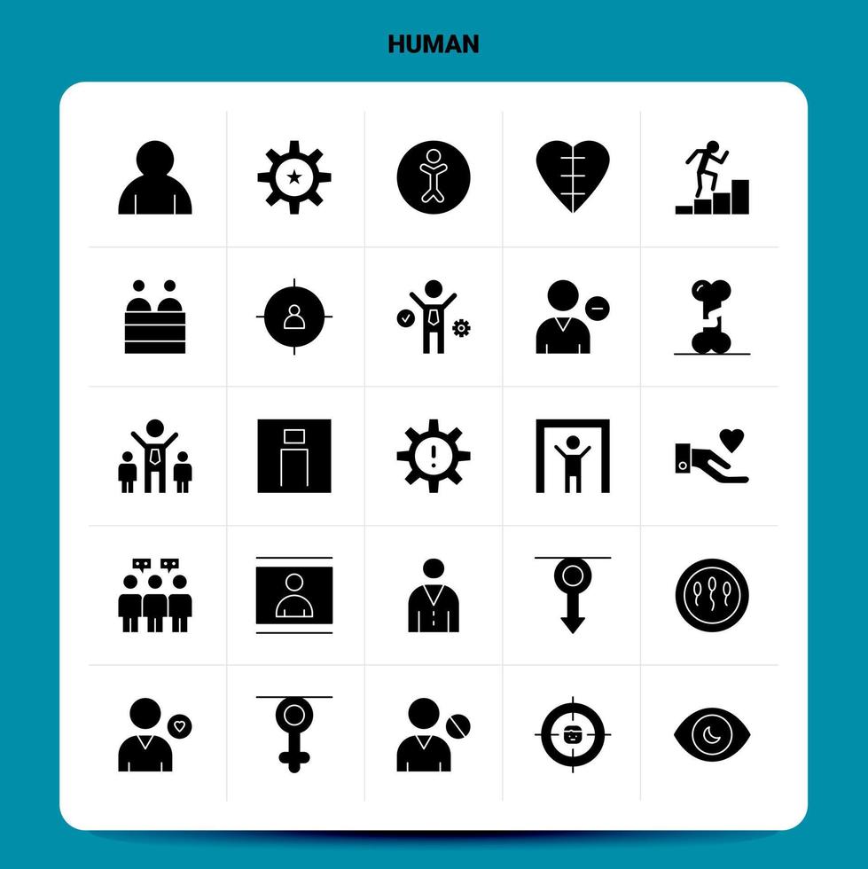 sólido 25 conjunto de iconos humanos. conjunto de iconos negros de diseño de estilo de glifo vectorial. ilustración vectorial de diseño de ideas de negocios web y móviles. vector