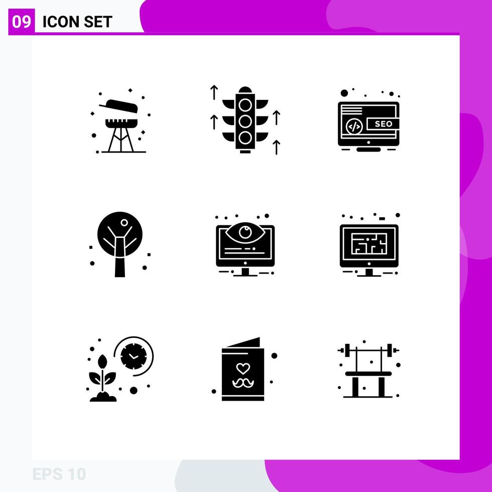 Group of 9 Modern Solid Glyphs Set for options control seo configuration summer Editable Vector Design Elements