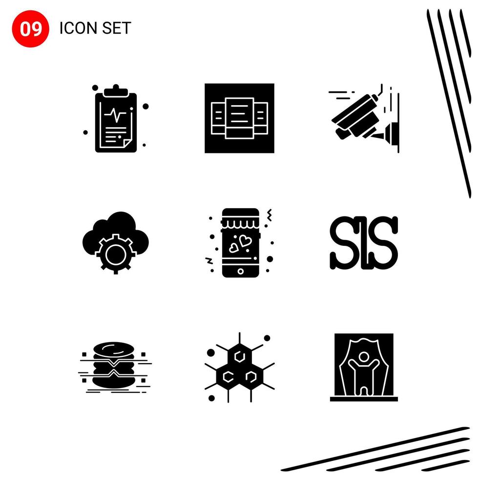 colección de 9 iconos vectoriales en estilo sólido símbolos de glifo perfecto de píxeles para web y signos de iconos sólidos móviles sobre fondo blanco 9 iconos vector