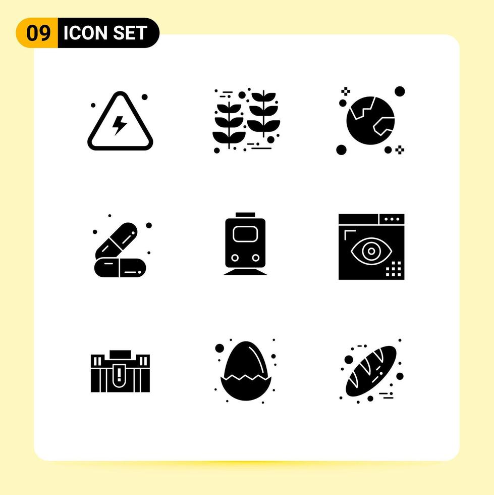 Group of 9 Solid Glyphs Signs and Symbols for medicines cosmetics wheat care globe Editable Vector Design Elements