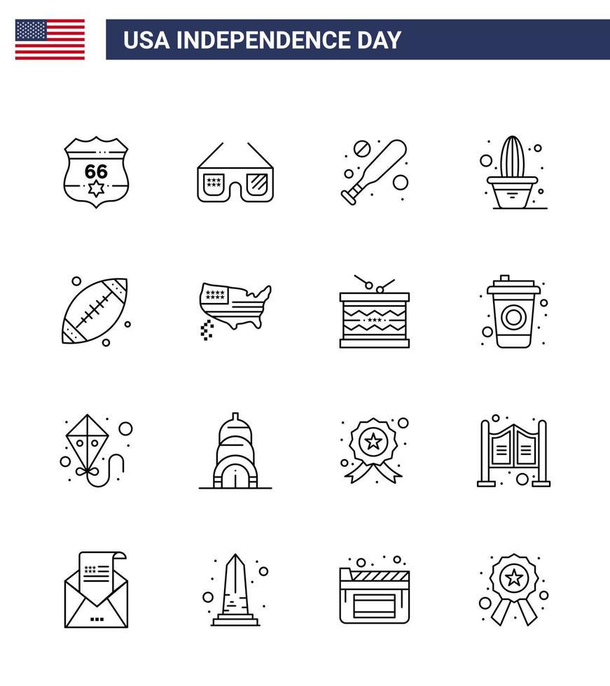 Happy Independence Day USA Pack of 16 Creative Lines of sport ball baseball pot flower Editable USA Day Vector Design Elements